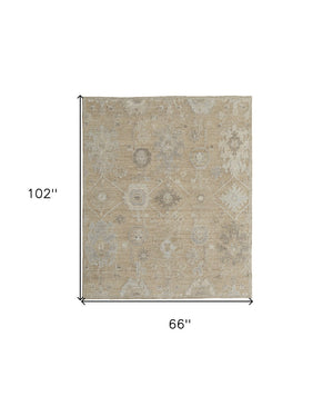 HomeRoots 4' Luxurious Tan and Ivory Floral Hand-Knotted Wool Area Rug for Warmth and Timeless Elegance 6' X 9' 567176