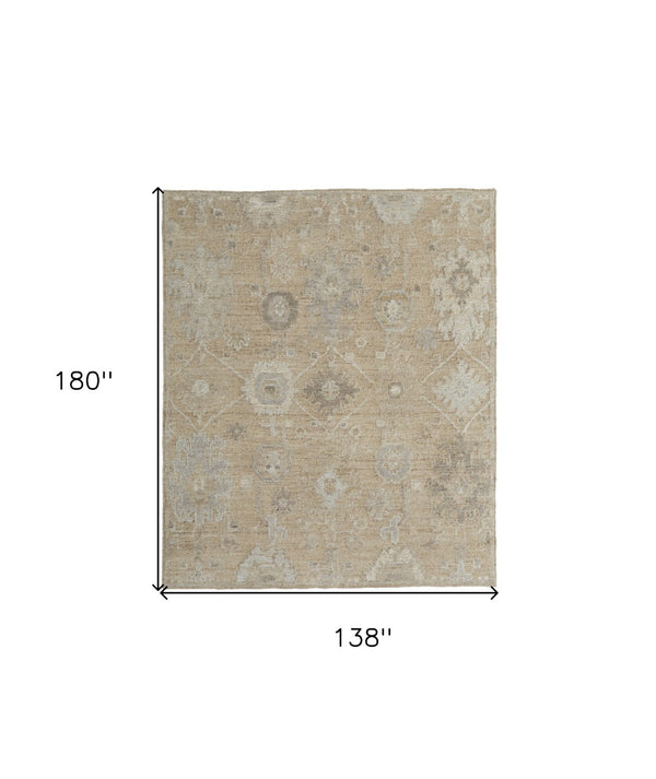 HomeRoots 4' Luxurious Tan and Ivory Floral Hand-Knotted Wool Area Rug for Warmth and Timeless Elegance 12' X 15' 567180