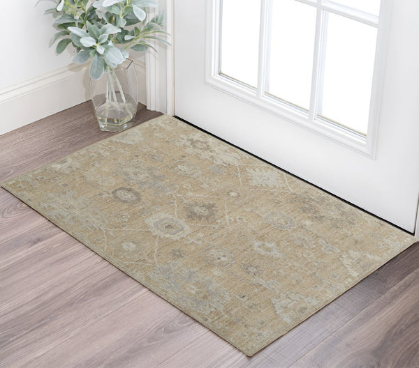 HomeRoots 4' Luxurious Tan and Ivory Floral Hand-Knotted Wool Area Rug for Warmth and Timeless Elegance 2' X 3' 567181