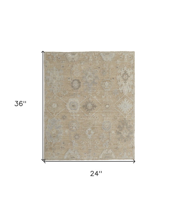 HomeRoots 4' Luxurious Tan and Ivory Floral Hand-Knotted Wool Area Rug for Warmth and Timeless Elegance 2' X 3' 567181