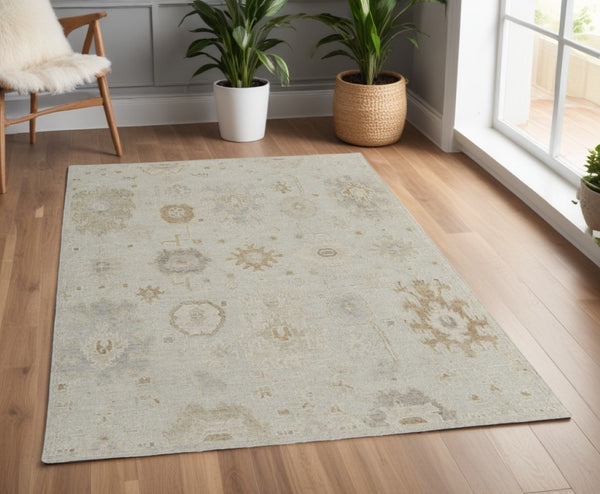 HomeRoots 4' Hand-Knotted Wool Area Rug in Tan and Gray Floral Design – Durable, Stain-Resistant Elegance for Any Room 4' X 6' 567182