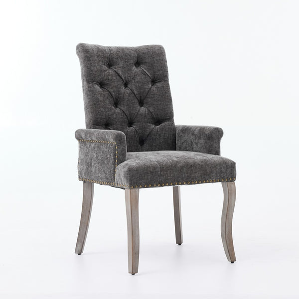English Elm Upholstered Chenille Club Dining Chair Tufted High Back with Curved Solid Wood Legs Gray W1143P449348