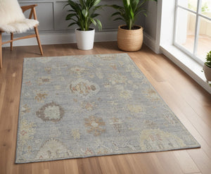 HomeRoots 4' Hand-Knotted Wool Area Rug with Timeless Gray and Blue Floral Design for Elegant Home Decor 4' X 6' 567194
