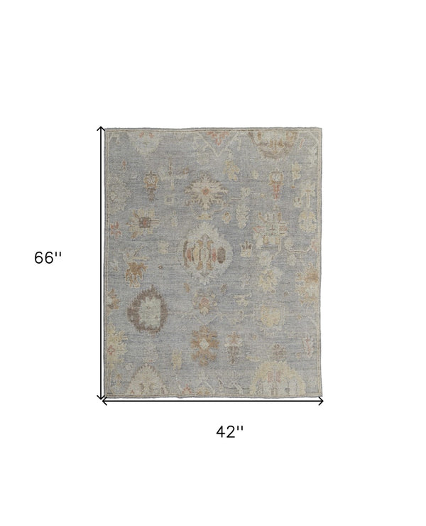 HomeRoots 4' Hand-Knotted Wool Area Rug with Timeless Gray and Blue Floral Design for Elegant Home Decor 4' X 6' 567194