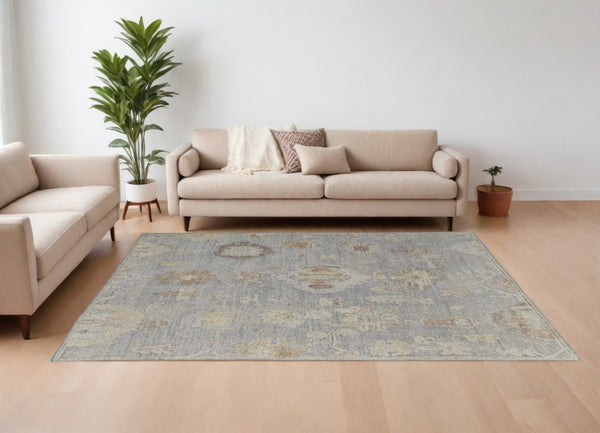 HomeRoots 4' Hand-Knotted Wool Area Rug with Timeless Gray and Blue Floral Design for Elegant Home Decor 6' X 9' 567195