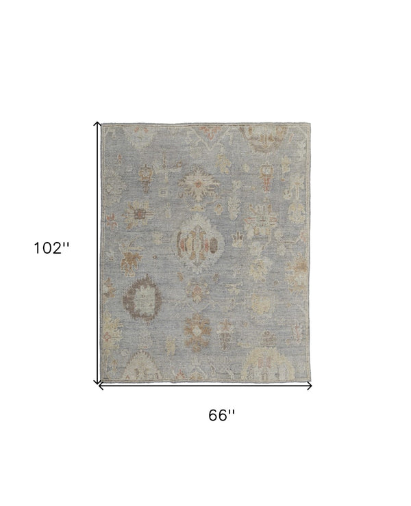 HomeRoots 4' Hand-Knotted Wool Area Rug with Timeless Gray and Blue Floral Design for Elegant Home Decor 6' X 9' 567195