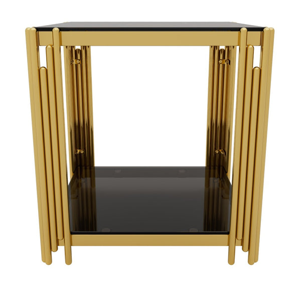 English Elm Modern Glam Rectangular Coffee Table with Mirrored Top Gold Sculptural Frame Open Shelf Black N735P380101B