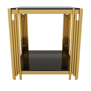 English Elm Modern Round Mirrored Glass End Table with Gold Metal Frame and Lower Display Shelf Black N735P380093B