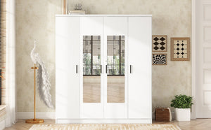 English Elm 4-door Mirrored Wardrobe White Mdf Armoire with Interior Shelves and Lockable Drawer LP006602AAK