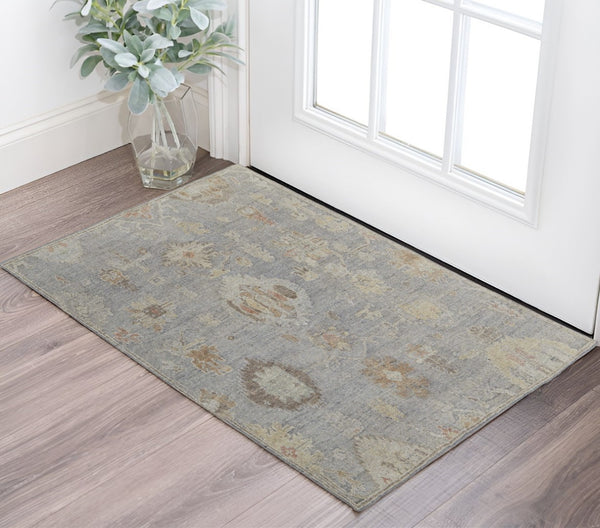 HomeRoots 4' Hand-Knotted Wool Area Rug with Timeless Gray and Blue Floral Design for Elegant Home Decor 2' X 3' 567200