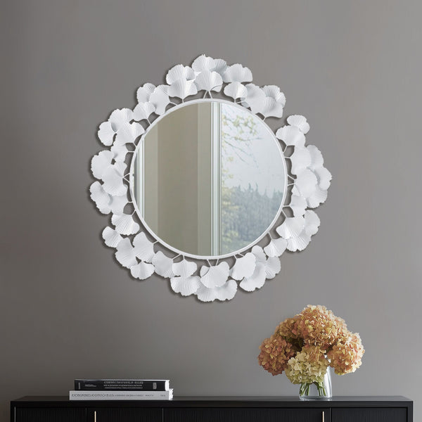 JLA Home Martha Stewart - Gingko Sculptural Round Wall Mirror 30.5" — Iron Gingko Leaf Frame, Three-Dimensional Botanical Focal Point White MT95F-0098