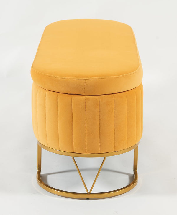 English Elm Oval Velvet Storage Bench with Metal Legs — Luxurious Upholstered Ottoman with Lift-Top Storage, 300lb Capacity, Modern Decorative Seating Mustard T3903P372930
