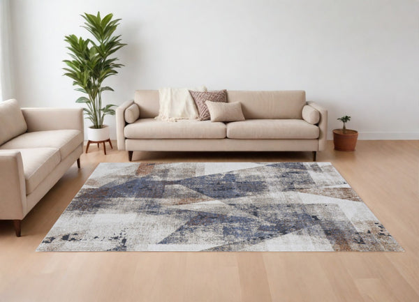 HomeRoots 5' Elegant Gray-Blue and Ivory Checkered Power Loom Area Rug for Stylish, Stain-Resistant Comfort 8' X 10' 567209
