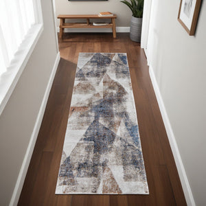 HomeRoots 5' Elegant Gray-Blue and Ivory Checkered Power Loom Area Rug for Stylish, Stain-Resistant Comfort 8' Runner 567211