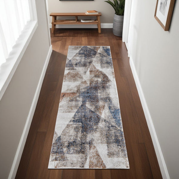 HomeRoots 5' Elegant Gray-Blue and Ivory Checkered Power Loom Area Rug for Stylish, Stain-Resistant Comfort 8' Runner 567211