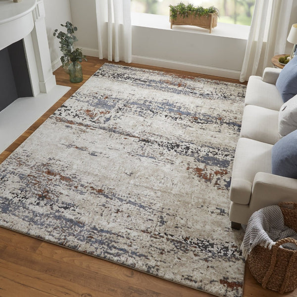 HomeRoots 5' Modern Gray Blue and Ivory Abstract Power Loom Area Rug for Elegant Living Spaces and Comfort 8' Runner 567216