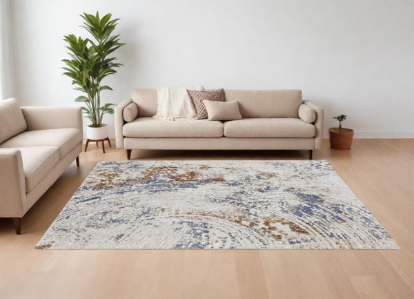 HomeRoots 5' Abstract Ivory Blue and Brown Area Rug – Modern Power Loom Design for Effortless Home Style 10' X 14' 567220