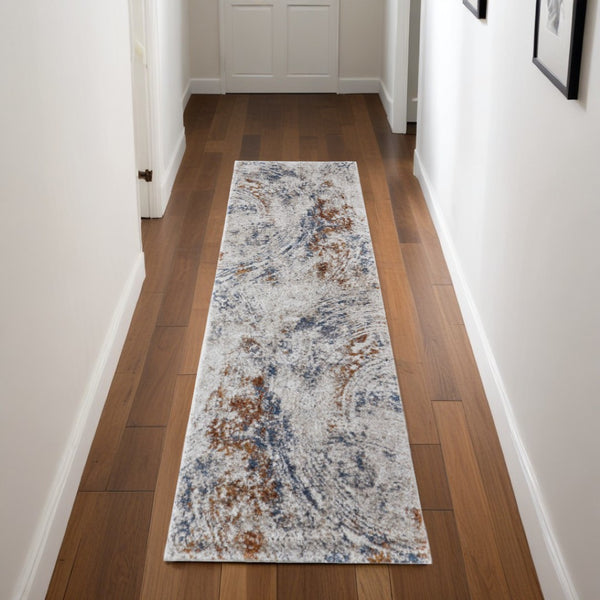 HomeRoots 5' Abstract Ivory Blue and Brown Area Rug – Modern Power Loom Design for Effortless Home Style 8' Runner 567221