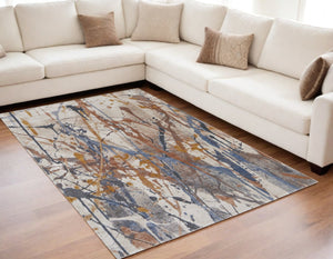 HomeRoots 5' Modern Abstract Area Rug in Ivory, Blue, and Brown - Durable, Stain-Resistant Design for Living Spaces 5' X 8' 567228