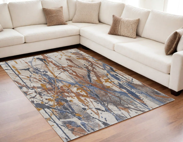 HomeRoots 5' Modern Abstract Area Rug in Ivory, Blue, and Brown - Durable, Stain-Resistant Design for Living Spaces 5' X 8' 567228