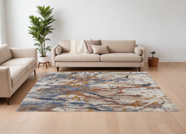 HomeRoots 5' Modern Abstract Area Rug in Ivory, Blue, and Brown - Durable, Stain-Resistant Design for Living Spaces 8' X 10' 567229