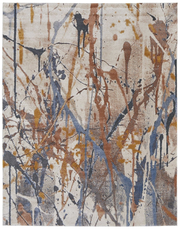 HomeRoots 5' Modern Abstract Area Rug in Ivory, Blue, and Brown - Durable, Stain-Resistant Design for Living Spaces 10' X 14' 567230
