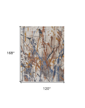 HomeRoots 5' Modern Abstract Area Rug in Ivory, Blue, and Brown - Durable, Stain-Resistant Design for Living Spaces 10' X 14' 567230