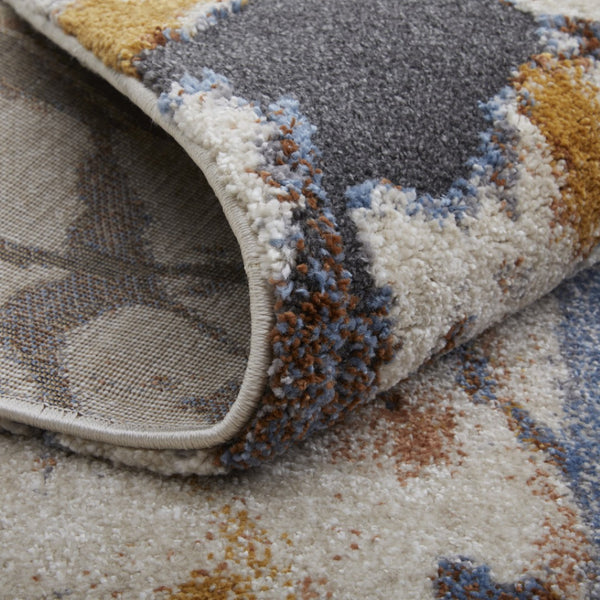 HomeRoots 5' Modern Abstract Area Rug in Ivory, Blue, and Brown - Durable, Stain-Resistant Design for Living Spaces 8' Runner 567231