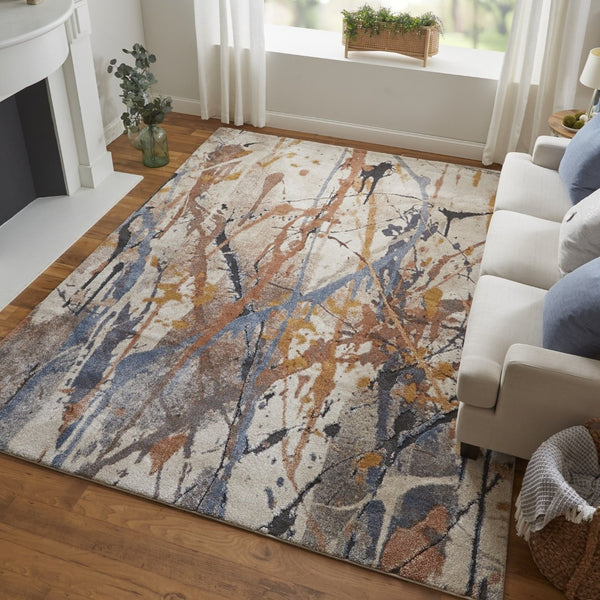 HomeRoots 5' Modern Abstract Area Rug in Ivory, Blue, and Brown - Durable, Stain-Resistant Design for Living Spaces 8' Runner 567231
