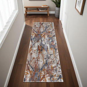 HomeRoots 5' Modern Abstract Area Rug in Ivory, Blue, and Brown - Durable, Stain-Resistant Design for Living Spaces 8' Runner 567231