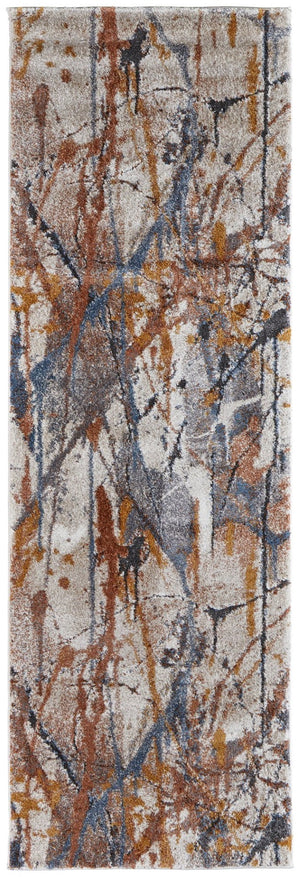 HomeRoots 5' Modern Abstract Area Rug in Ivory, Blue, and Brown - Durable, Stain-Resistant Design for Living Spaces 8' Runner 567231