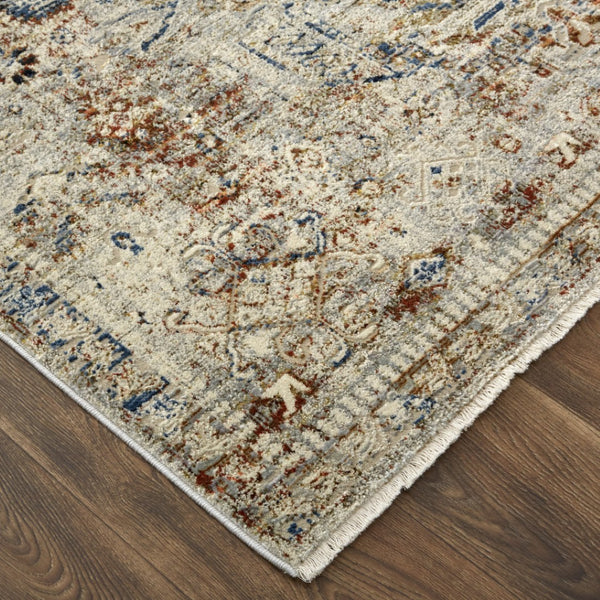 HomeRoots 3' Elegant Blue Tan and Red Distressed Oriental Area Rug with Tasseled Fringe for Vintage Charm 3' X 5' 567238