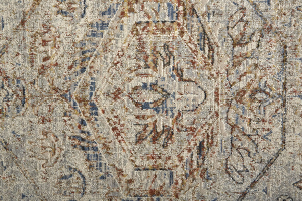 HomeRoots 3' Elegant Blue Tan and Red Distressed Oriental Area Rug with Tasseled Fringe for Vintage Charm 3' X 5' 567238