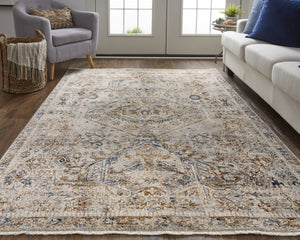 HomeRoots 3' Elegant Blue Tan and Red Distressed Oriental Area Rug with Tasseled Fringe for Vintage Charm 3' X 5' 567238