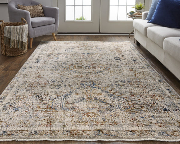 HomeRoots 3' Elegant Blue Tan and Red Distressed Oriental Area Rug with Tasseled Fringe for Vintage Charm 3' X 5' 567238