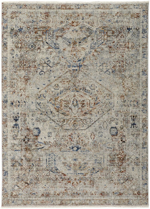HomeRoots 3' Elegant Blue Tan and Red Distressed Oriental Area Rug with Tasseled Fringe for Vintage Charm 3' X 5' 567238