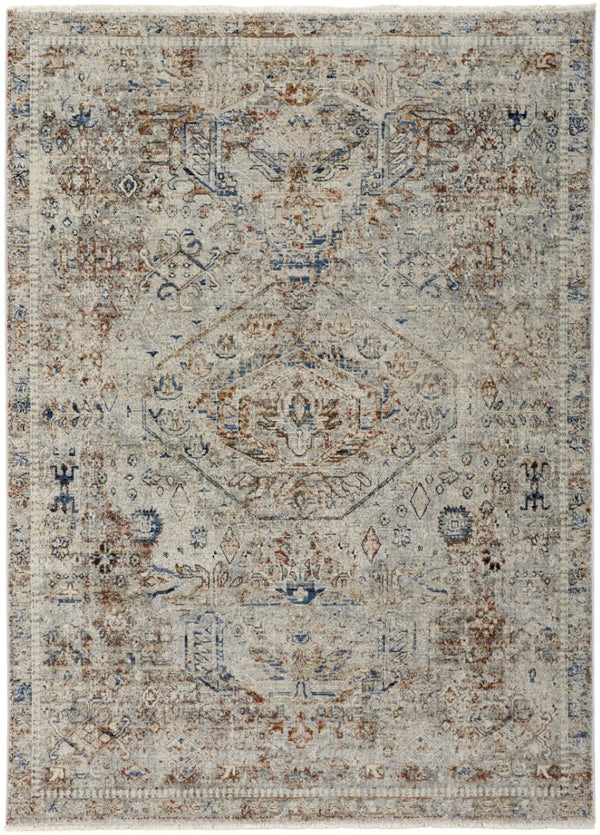 HomeRoots 3' Elegant Blue Tan and Red Distressed Oriental Area Rug with Tasseled Fringe for Vintage Charm 3' X 5' 567238