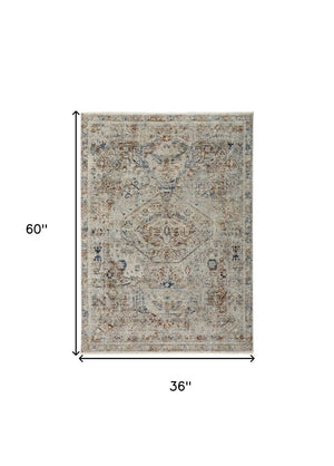 HomeRoots 3' Elegant Blue Tan and Red Distressed Oriental Area Rug with Tasseled Fringe for Vintage Charm 3' X 5' 567238