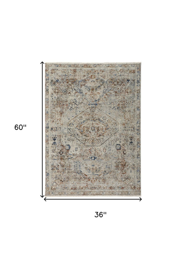 HomeRoots 3' Elegant Blue Tan and Red Distressed Oriental Area Rug with Tasseled Fringe for Vintage Charm 3' X 5' 567238