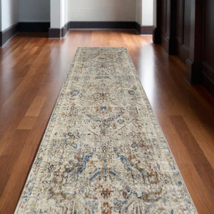 HomeRoots 3' Elegant Blue Tan and Red Distressed Oriental Area Rug with Tasseled Fringe for Vintage Charm 10' Runner 567239