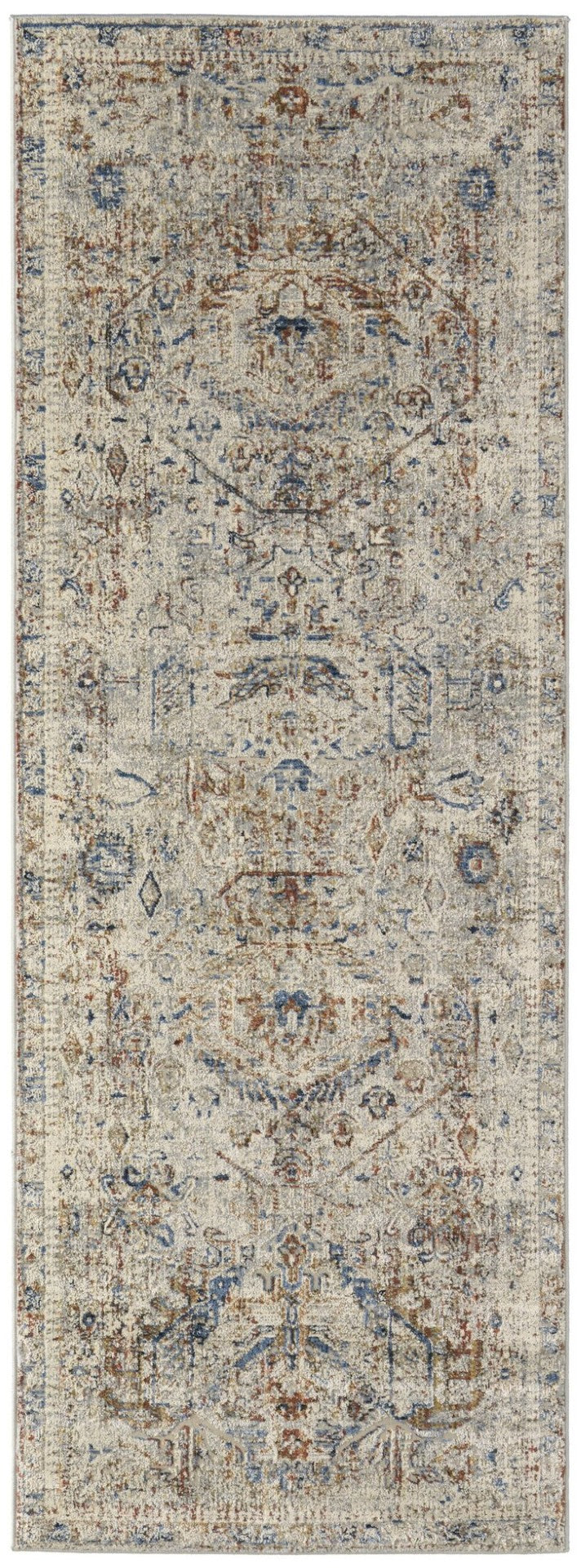 HomeRoots 3' Elegant Blue Tan and Red Distressed Oriental Area Rug with Tasseled Fringe for Vintage Charm 10' Runner 567239