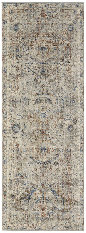 HomeRoots 3' Elegant Blue Tan and Red Distressed Oriental Area Rug with Tasseled Fringe for Vintage Charm 10' Runner 567239