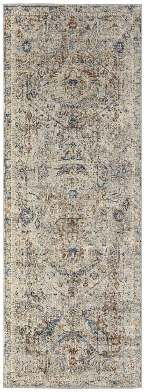 HomeRoots 3' Elegant Blue Tan and Red Distressed Oriental Area Rug with Tasseled Fringe for Vintage Charm 10' Runner 567239
