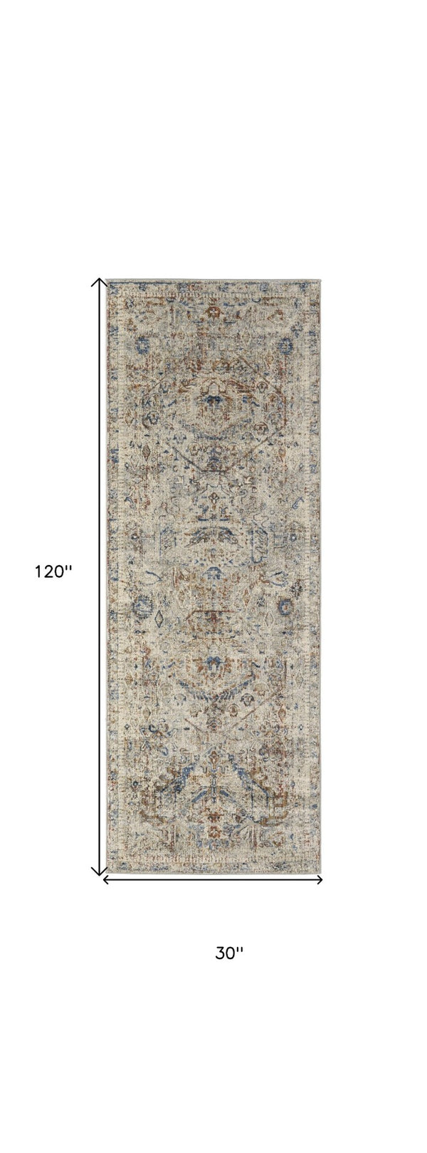 HomeRoots 3' Elegant Blue Tan and Red Distressed Oriental Area Rug with Tasseled Fringe for Vintage Charm 10' Runner 567239