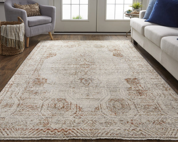 HomeRoots 3' Gray Ivory and Burnt Orange Distressed Oriental Area Rug with Tasseled Fringes for Timeless Style 3' X 5' 567242