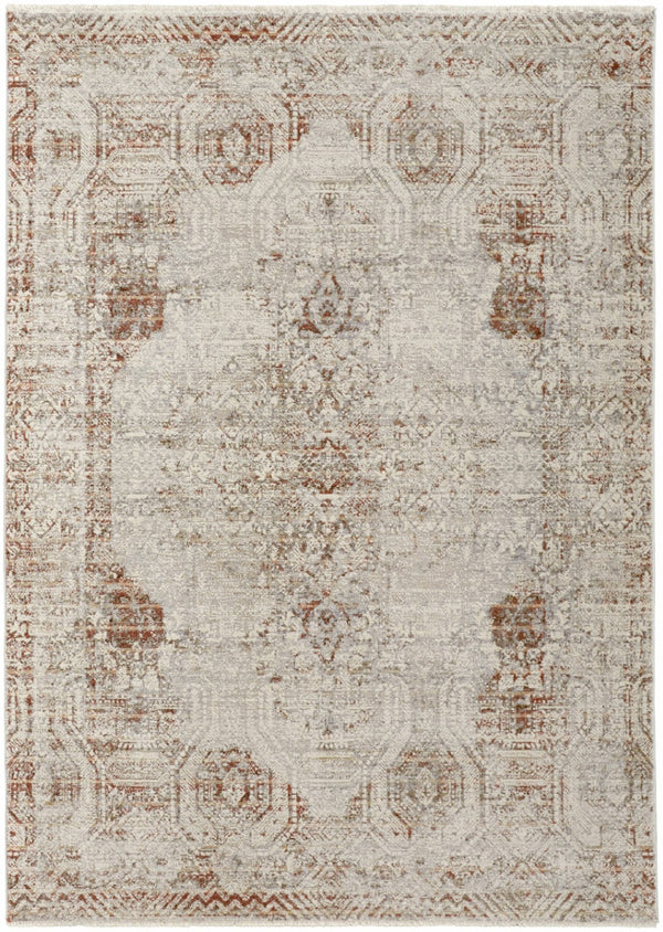 HomeRoots 3' Gray Ivory and Burnt Orange Distressed Oriental Area Rug with Tasseled Fringes for Timeless Style 3' X 5' 567242