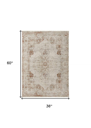 HomeRoots 3' Gray Ivory and Burnt Orange Distressed Oriental Area Rug with Tasseled Fringes for Timeless Style 3' X 5' 567242