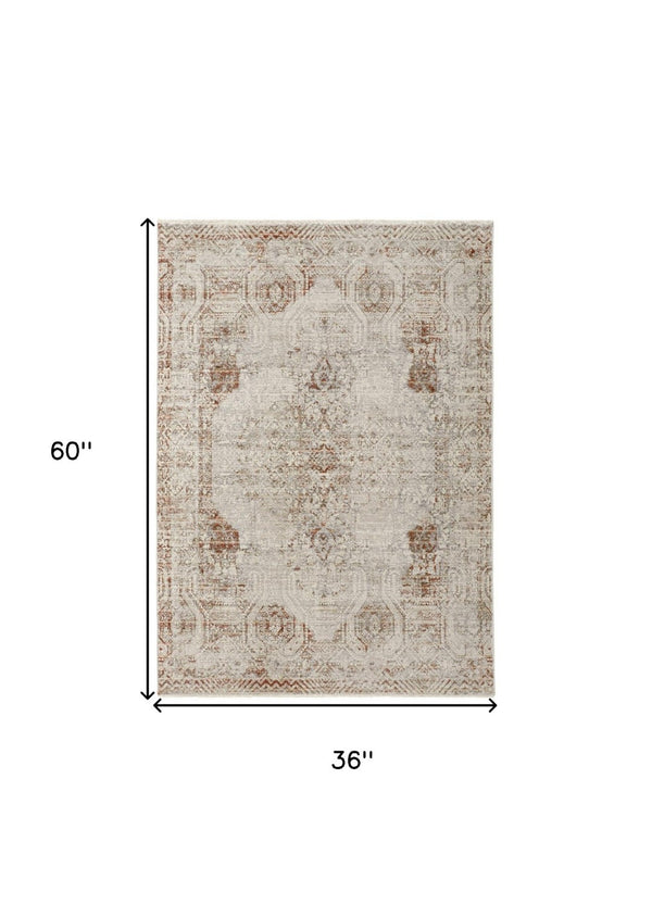 HomeRoots 3' Gray Ivory and Burnt Orange Distressed Oriental Area Rug with Tasseled Fringes for Timeless Style 3' X 5' 567242