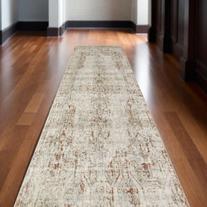 HomeRoots 3' Gray Ivory and Burnt Orange Distressed Oriental Area Rug with Tasseled Fringes for Timeless Style 10' Runner 567243