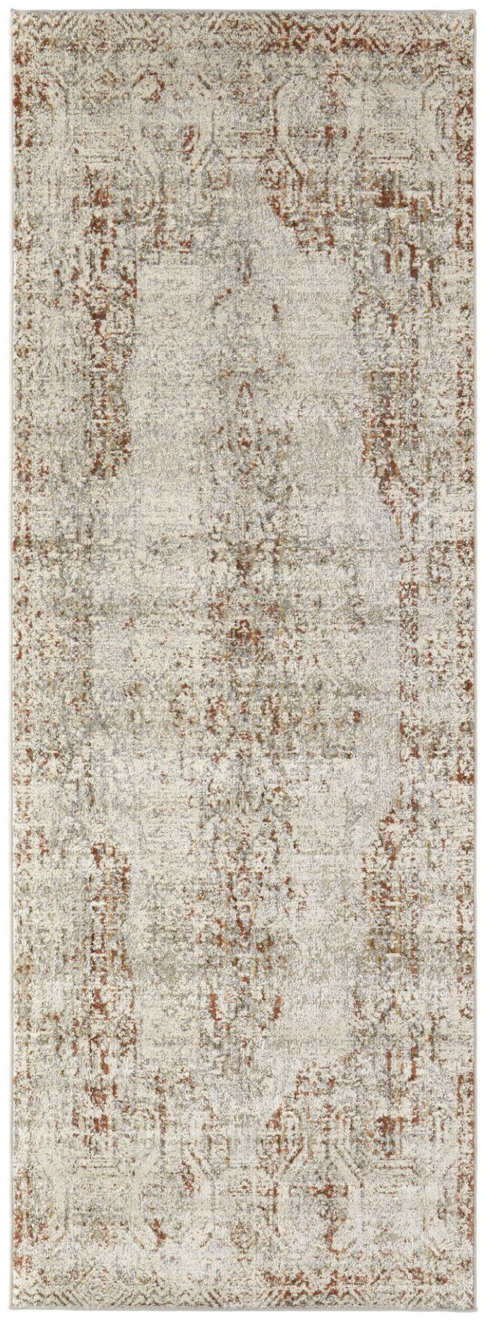 HomeRoots 3' Gray Ivory and Burnt Orange Distressed Oriental Area Rug with Tasseled Fringes for Timeless Style 10' Runner 567243